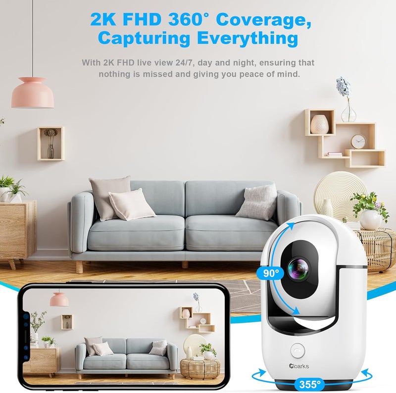 Cloarks 2K Pan/Tilt Security Camera, WiFi Indoor Cameras for Home Security with AI Motion Detection, Pet/Dog/Baby Camera with Phone App, 2-Way Audio, 24/7, Siren, TF/Cloud Storage, 2 Pack - Image 3